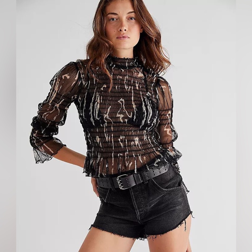 Free People Hello There mesh sheer mock neck in black abstract